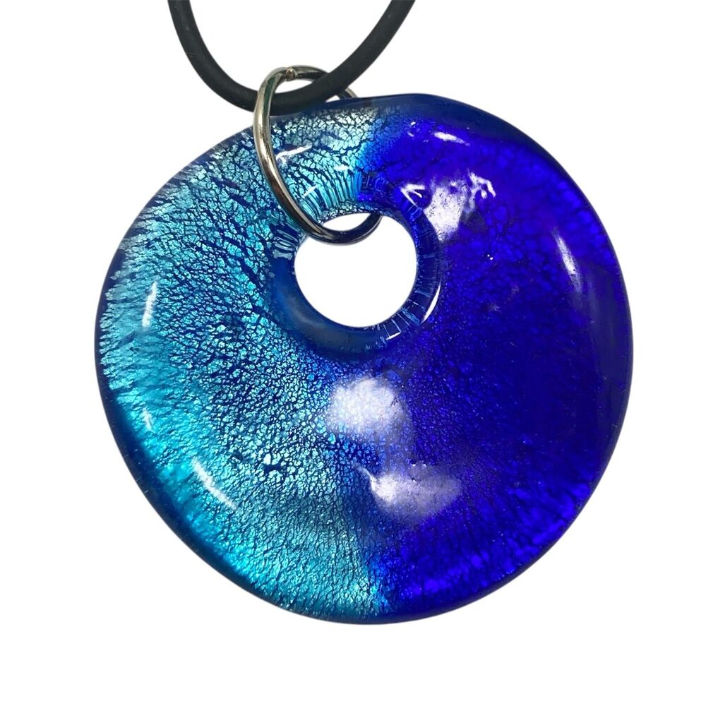 Vtg Murano Style Art Glass Pendant Necklace Black Cord 22" Sapphire Aqua Blue